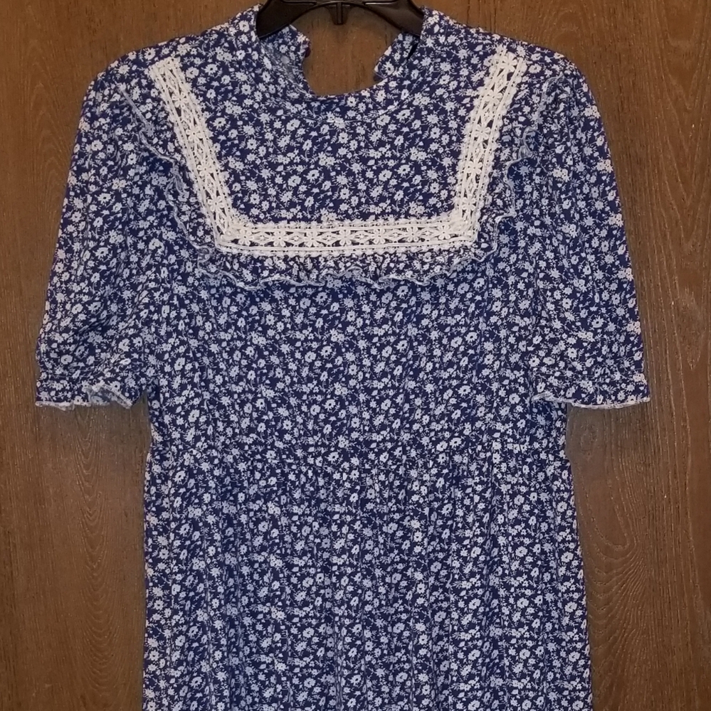 Blue Floral Dress with White Lace Detail